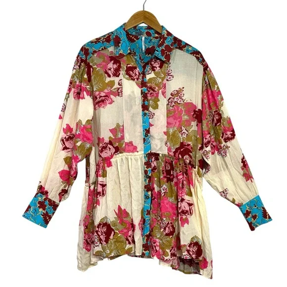 Free People Brunch A Bunch Boho Tunic Shirt in Light Combo Oversized Size Small - Picture 6 of 8